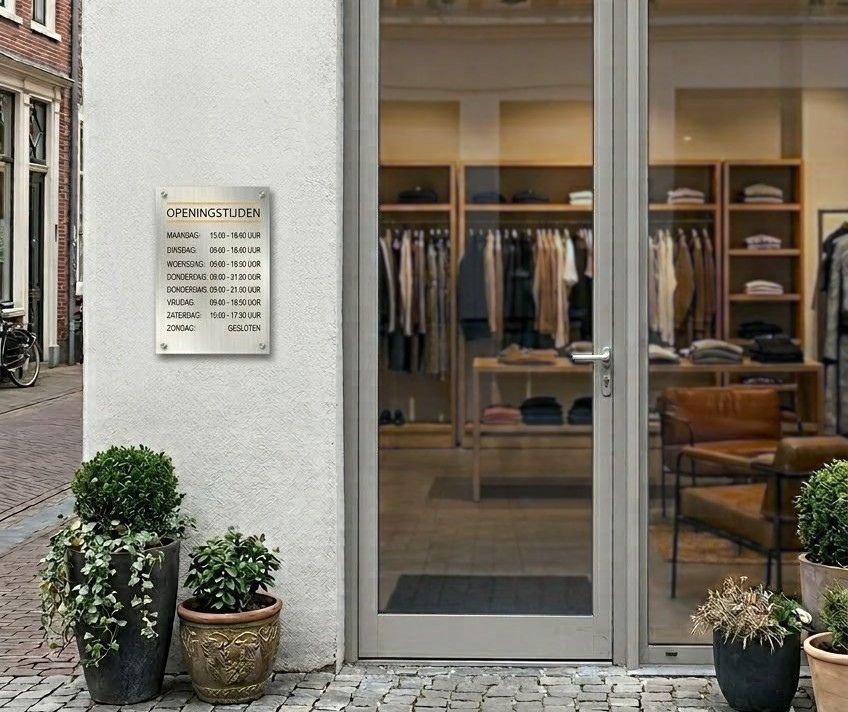 Openingstijden bordje RVS-look
